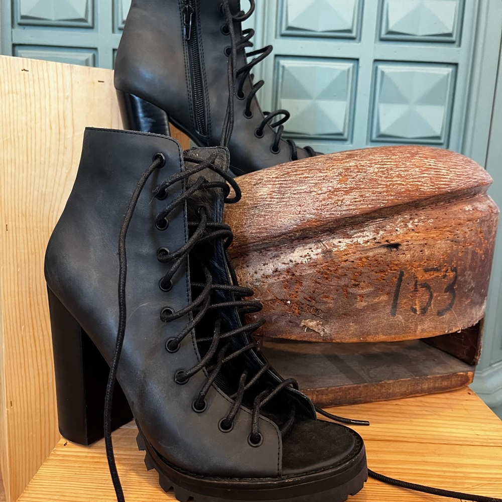 Jeffrey Campbell Black Heeled Boots with Lace-Up Design